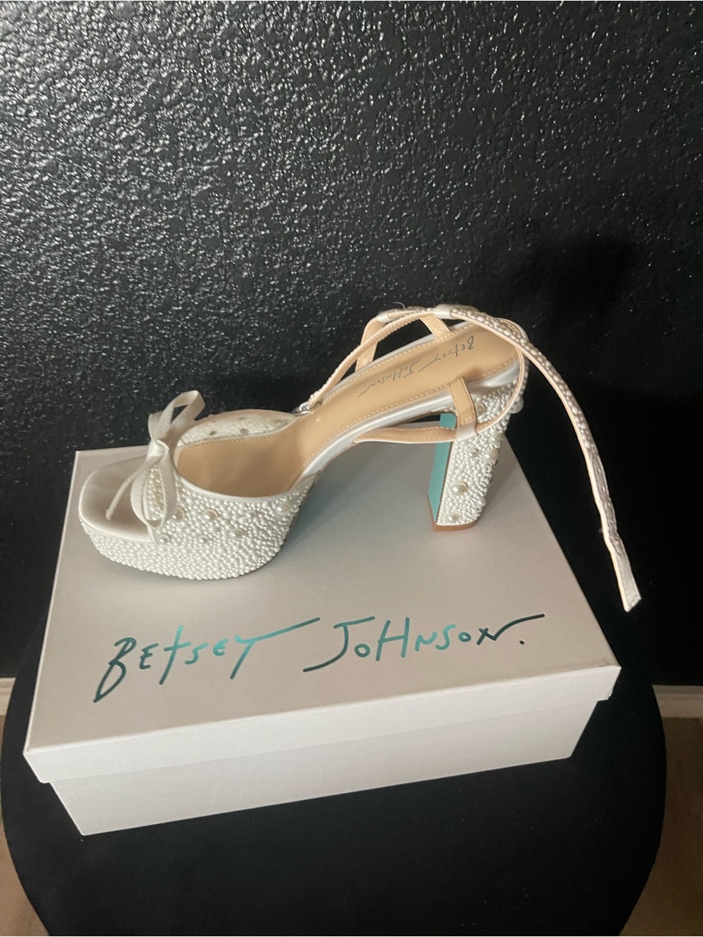 Betsey Johnson Ivory Beaded Platform Block Heels with Bow